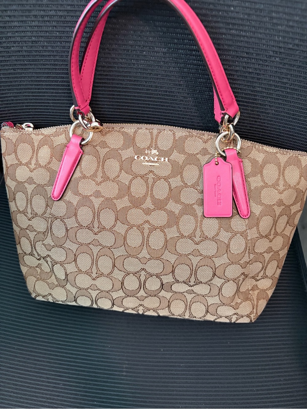 Coach Crossbody Signature Bag with Pink Leather Trim. 2 Drop Handles